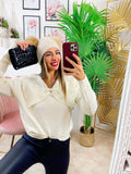Maglione top quality collo a Camicetta e fiocco panna