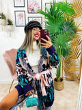 Cardigan con frange e cinta dettaglio Celeste