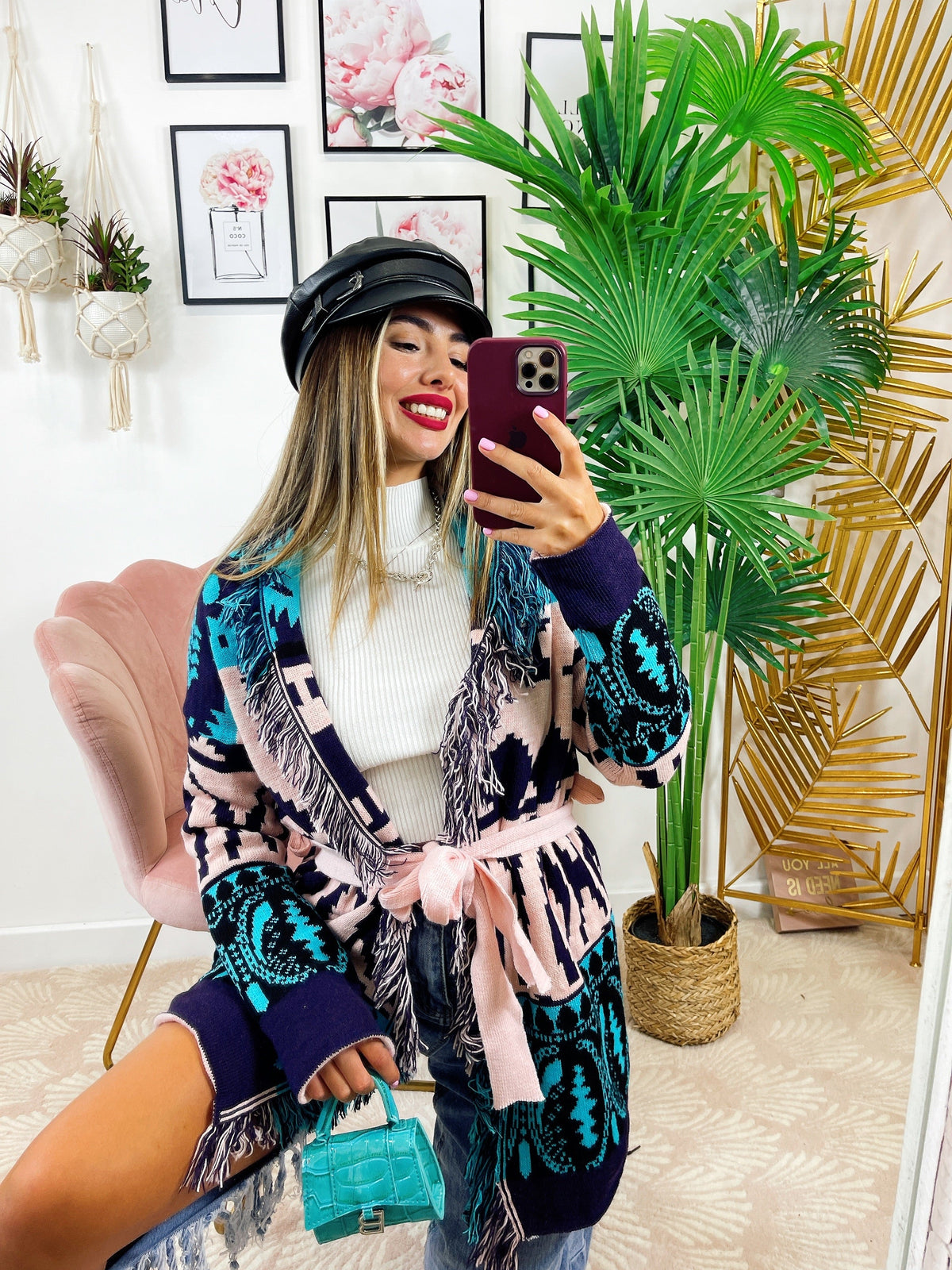 Cardigan con frange e cinta dettaglio Celeste