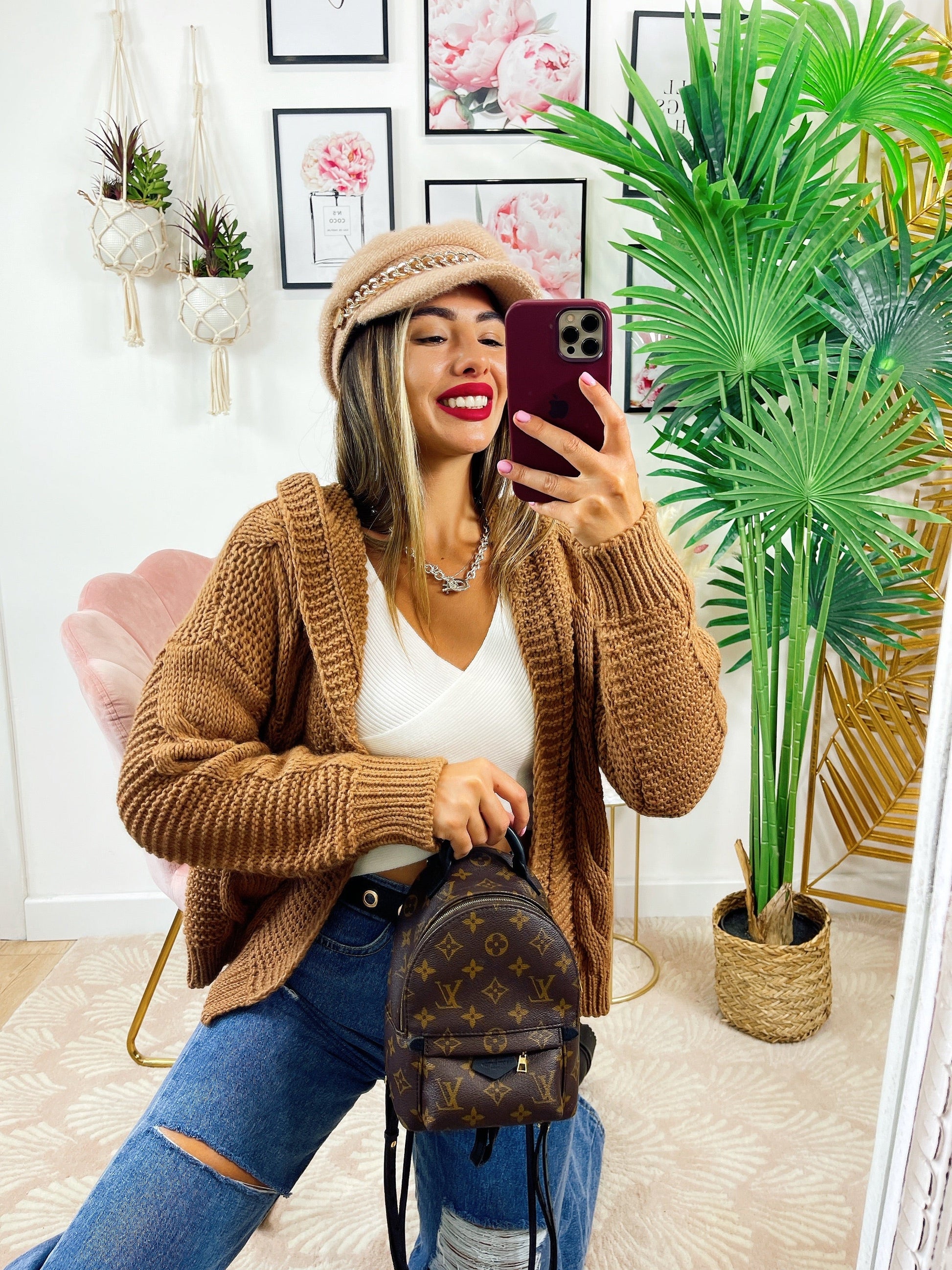 Cardigan camel con trecce