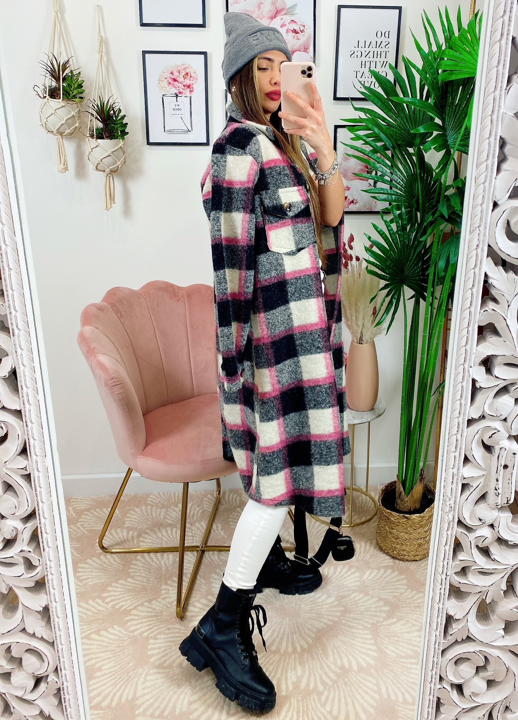 Giacca a quadri lunga Black dettaglio fucsia
