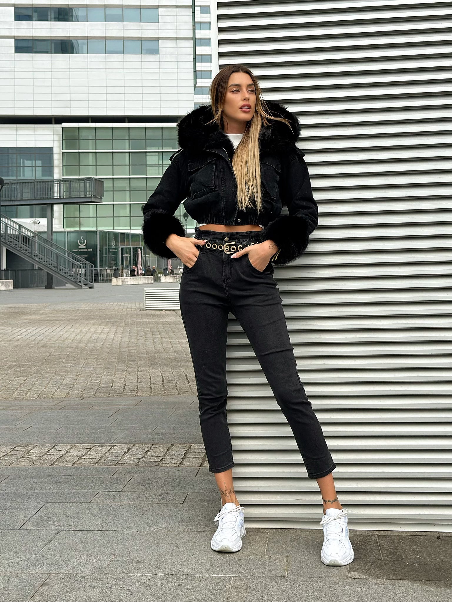Giaccone di jeans nero pelo nero