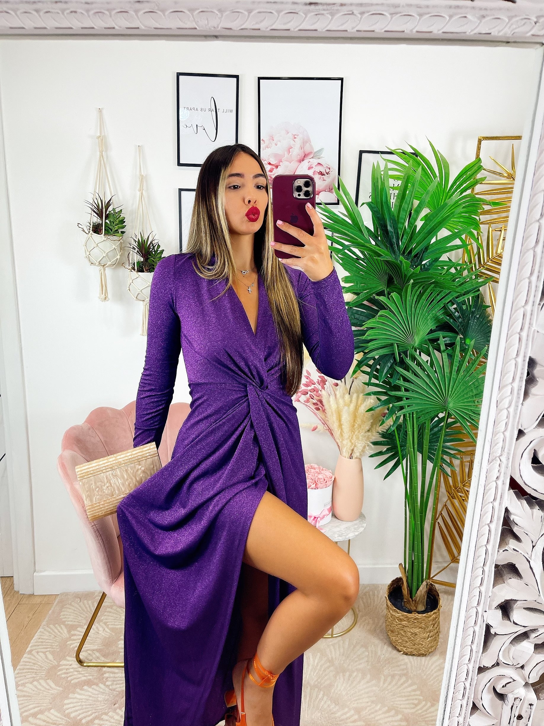 Abito glitterato lungo con nodo Purple