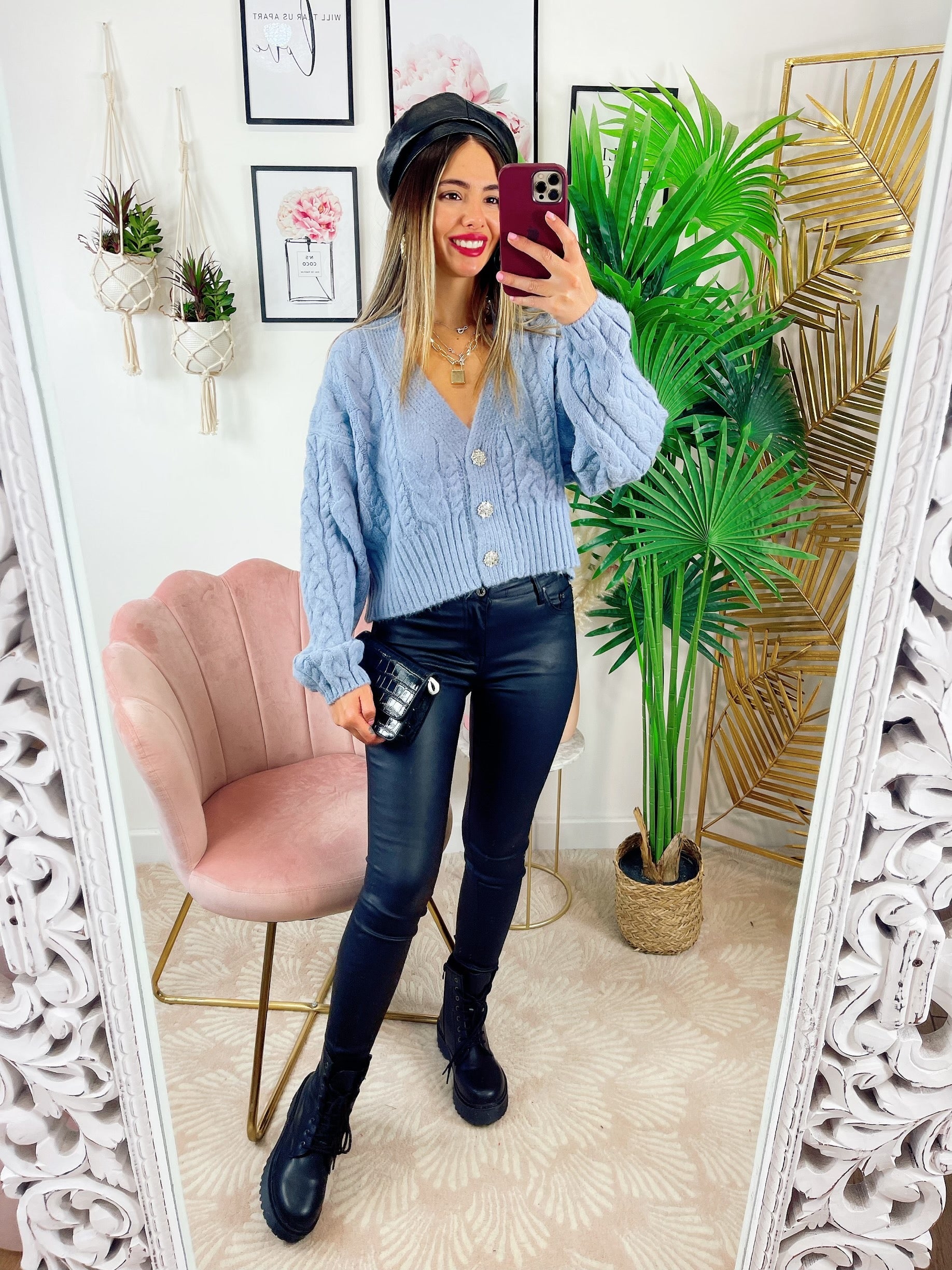 Maglione top quality blu con gioiello in strass