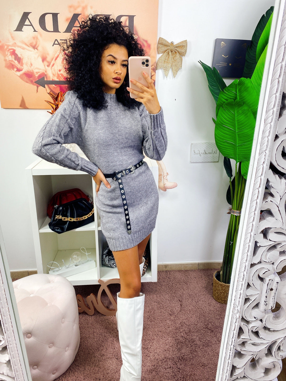 Abito in maglia con trecce e spalline Grigio