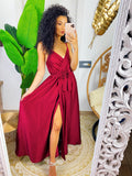 Abito in raso con maxi spacco Bordeaux scuro