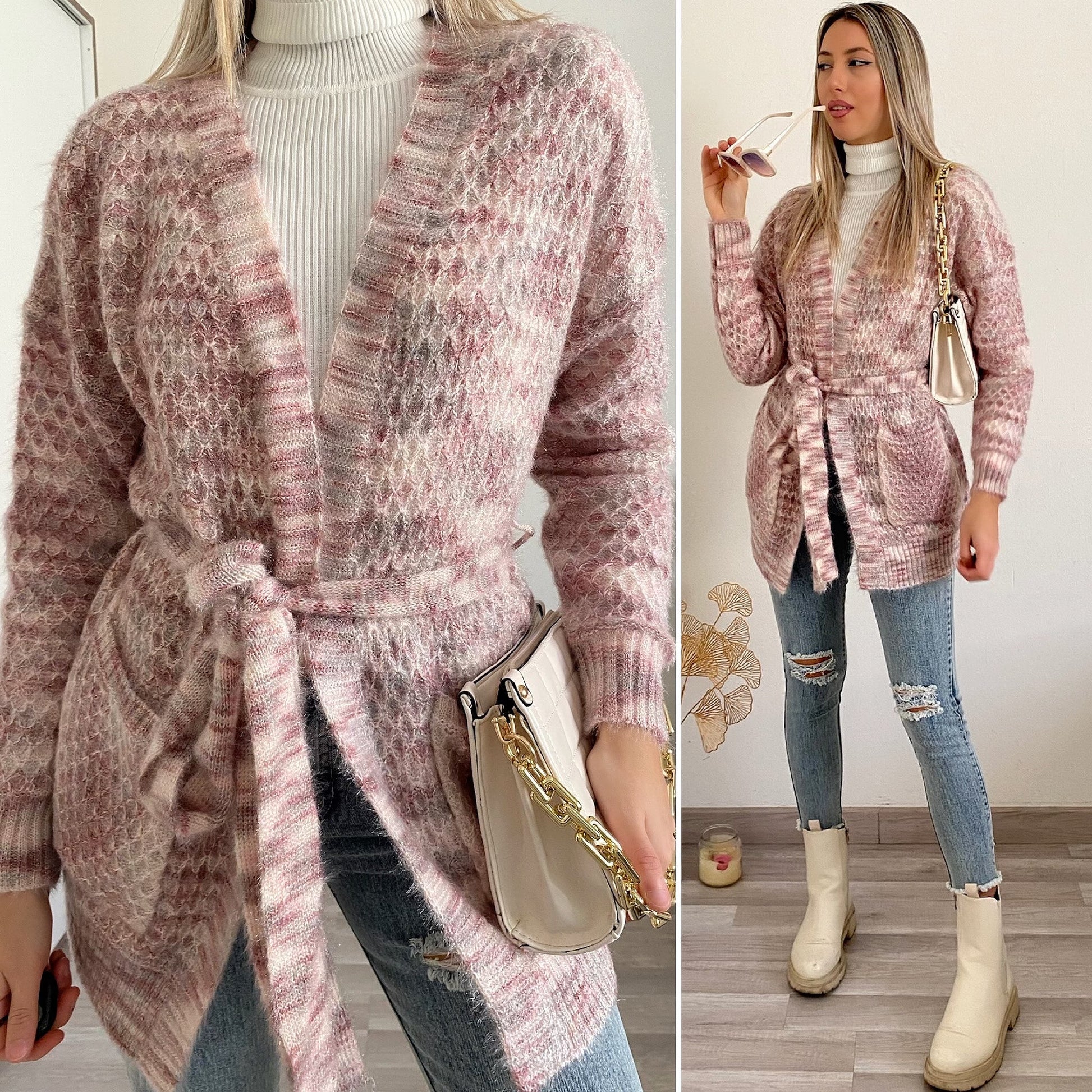 Cardigan morbido con cintura sfumature lilla