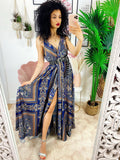 Dress Lungo con maxi spacco blu e arancione