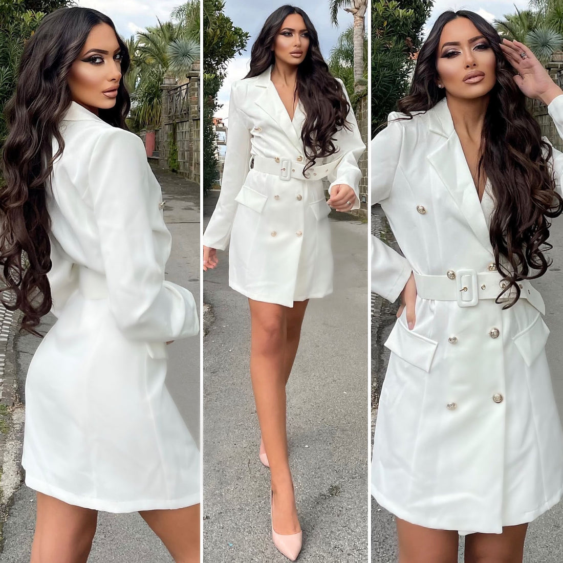 Abito a blazer bianco con bottoni e cintura
