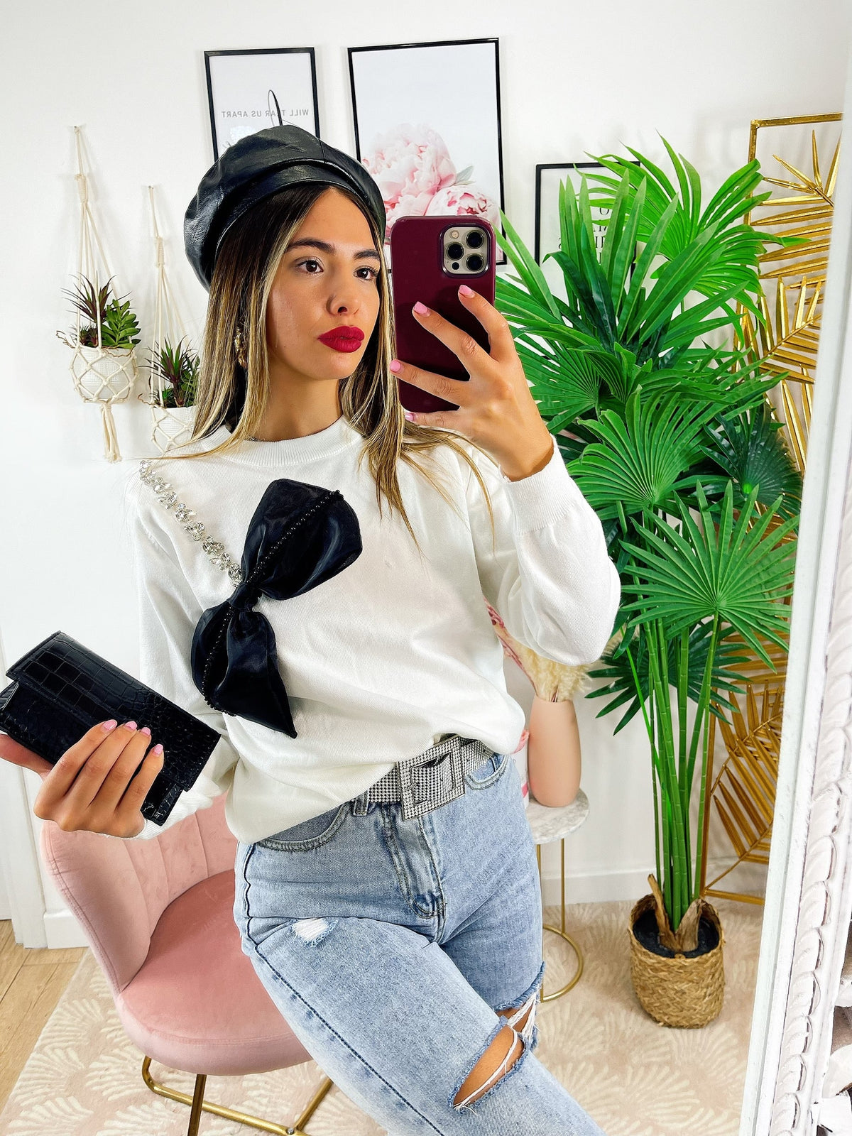 Maglione con fiocco e strass