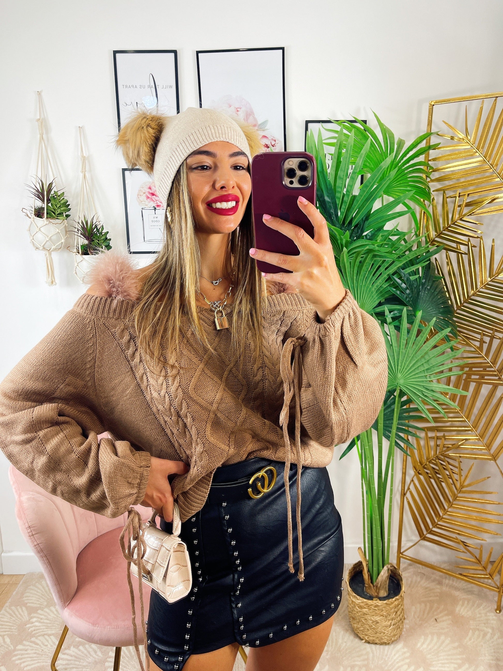 Maglione con spalline pelose camel