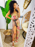 Abito in raso floreale con maxi spacco nude