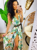 Abito in raso floreale con maxi spacco bianco