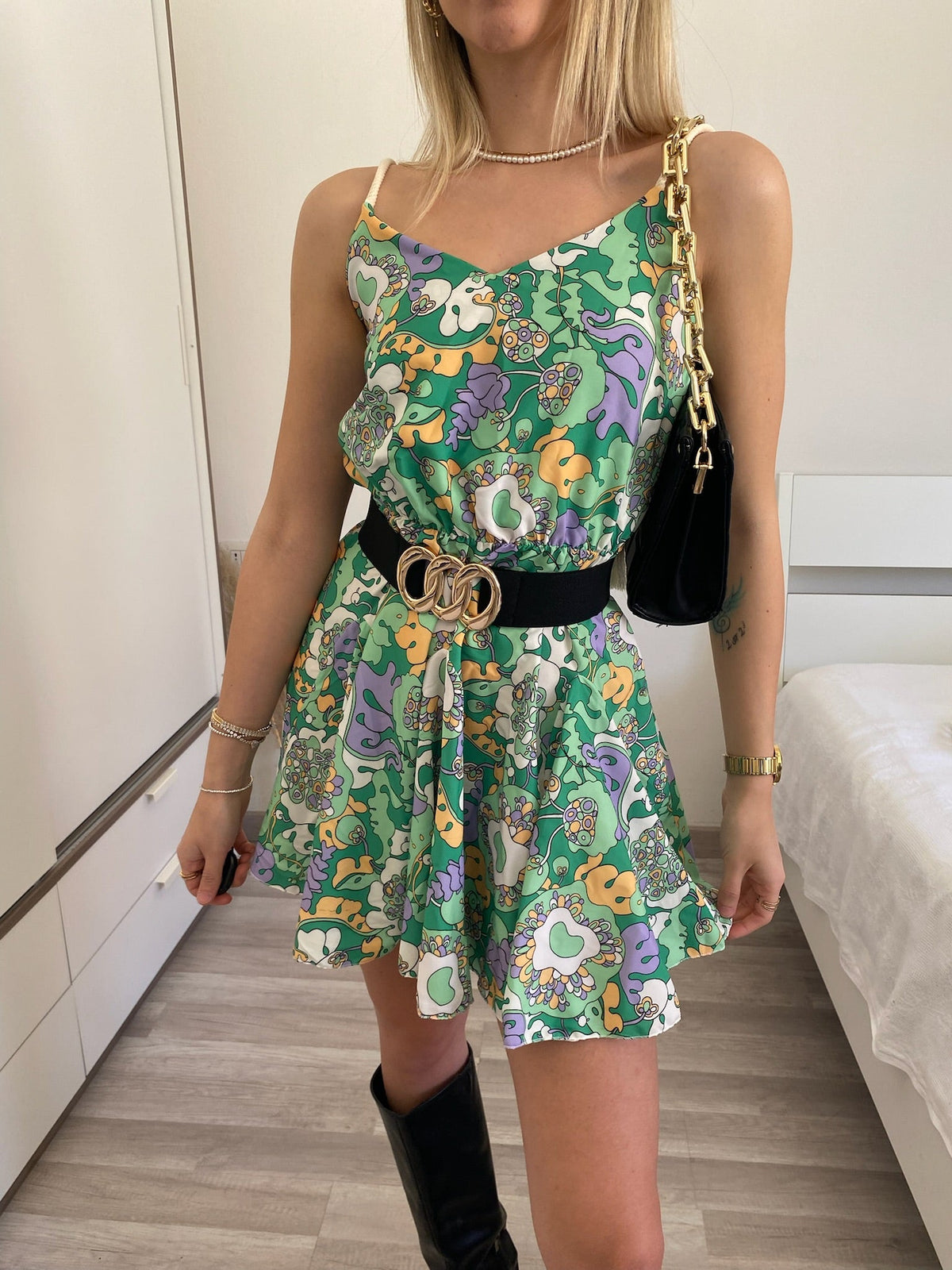 Abito verde e lilla spalline in corda