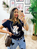 T-Shirt con bulldog e catena Nera