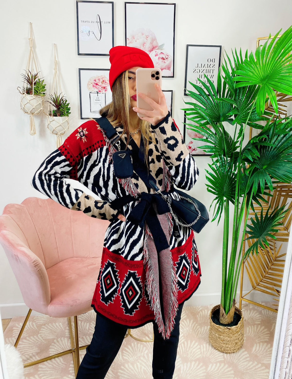 Cardigan Zebrato con frange e cinta