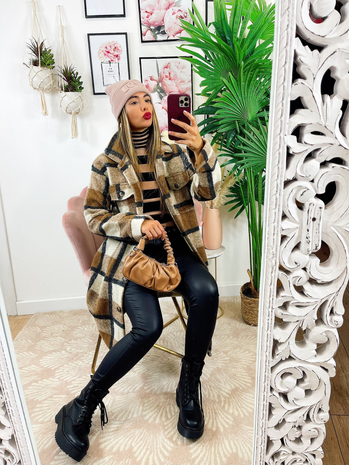 Giacca a quadri lunga Camel Nera