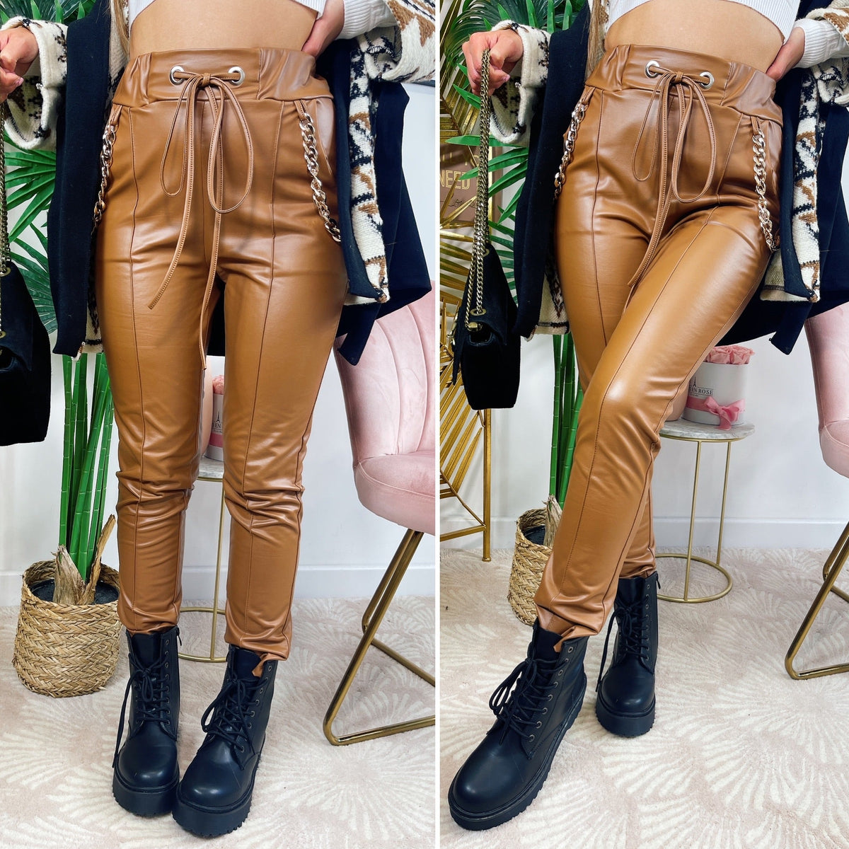 Leggins in eco-pelle con catene Camel