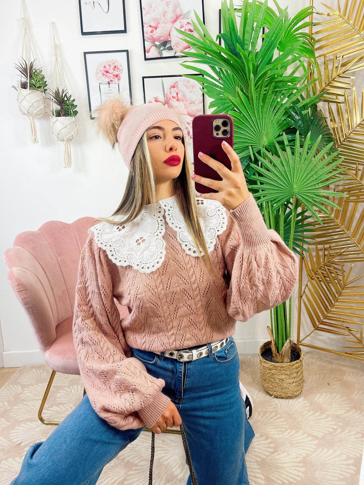 Maglione rosa collo a Camicetta rosa