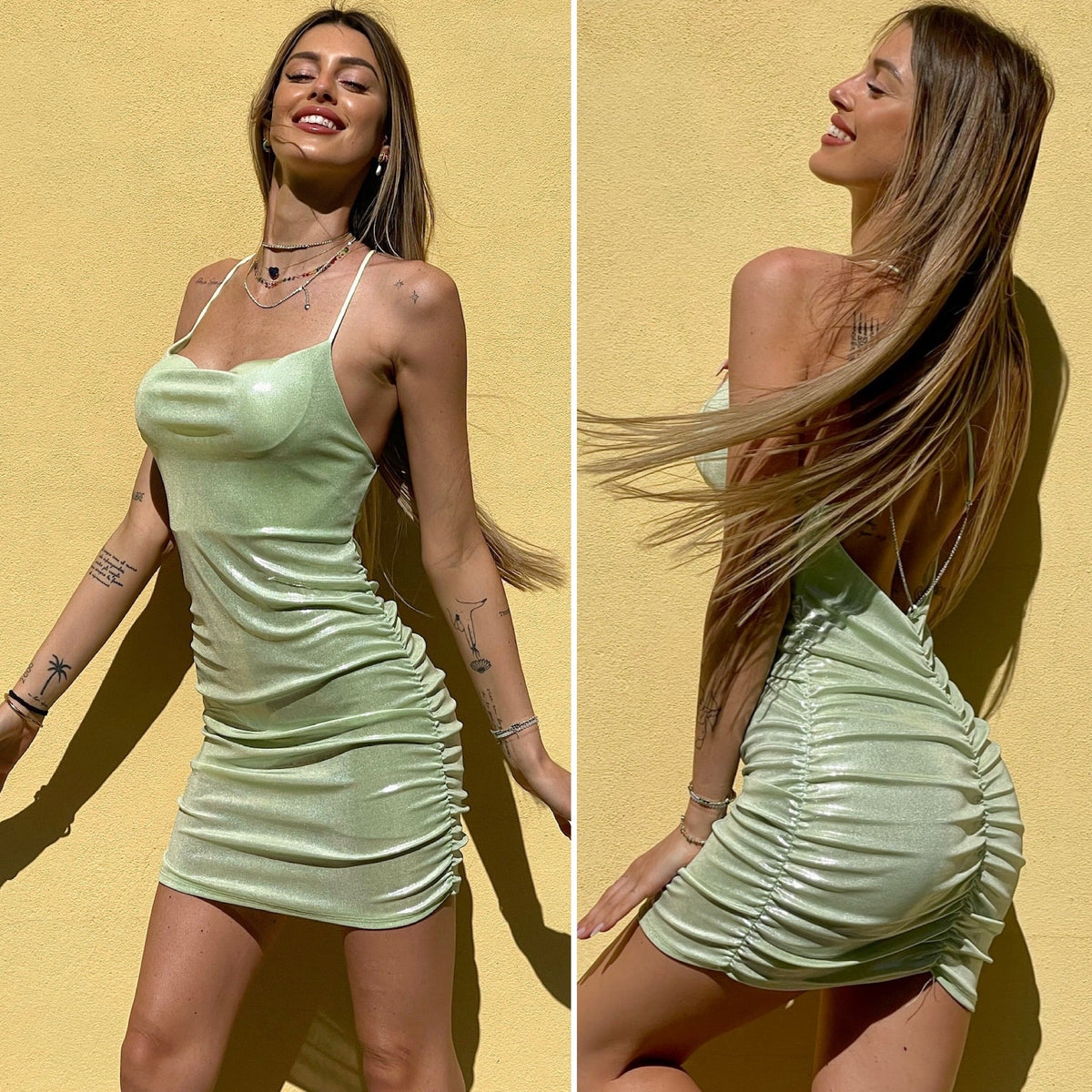 Abito menta con incrocio e push up