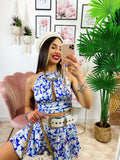 Completo floreale Gonna e top con fiocco dettagli Blu