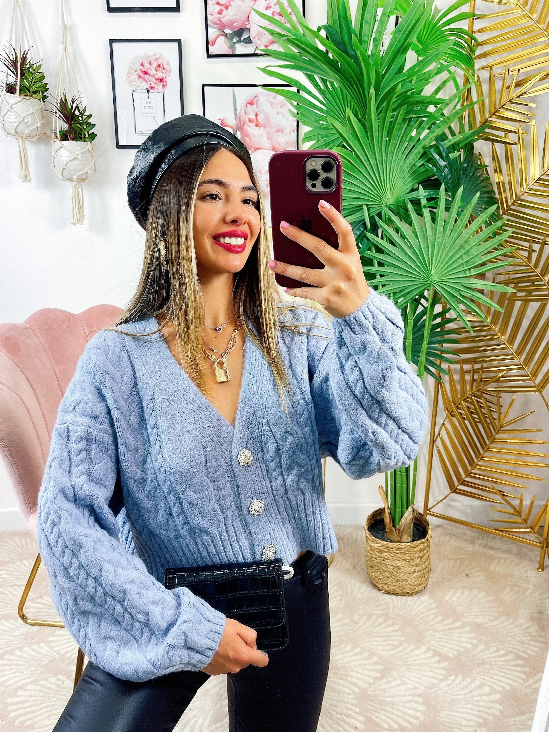Maglione top quality blu con gioiello in strass