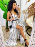 Abito in raso con maxi spacco bianco pois nero