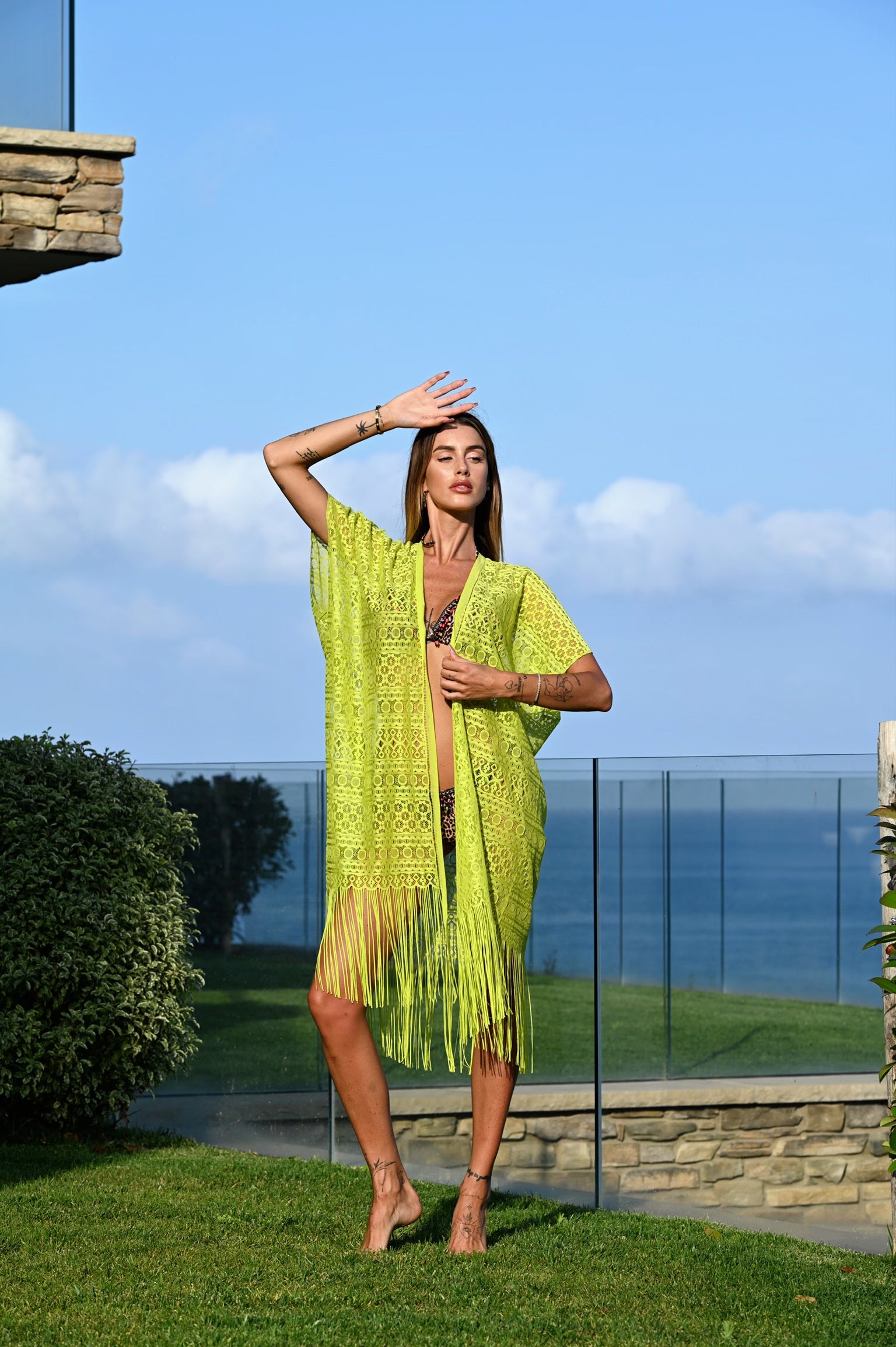 Pareo lime  con frange e pizzo
