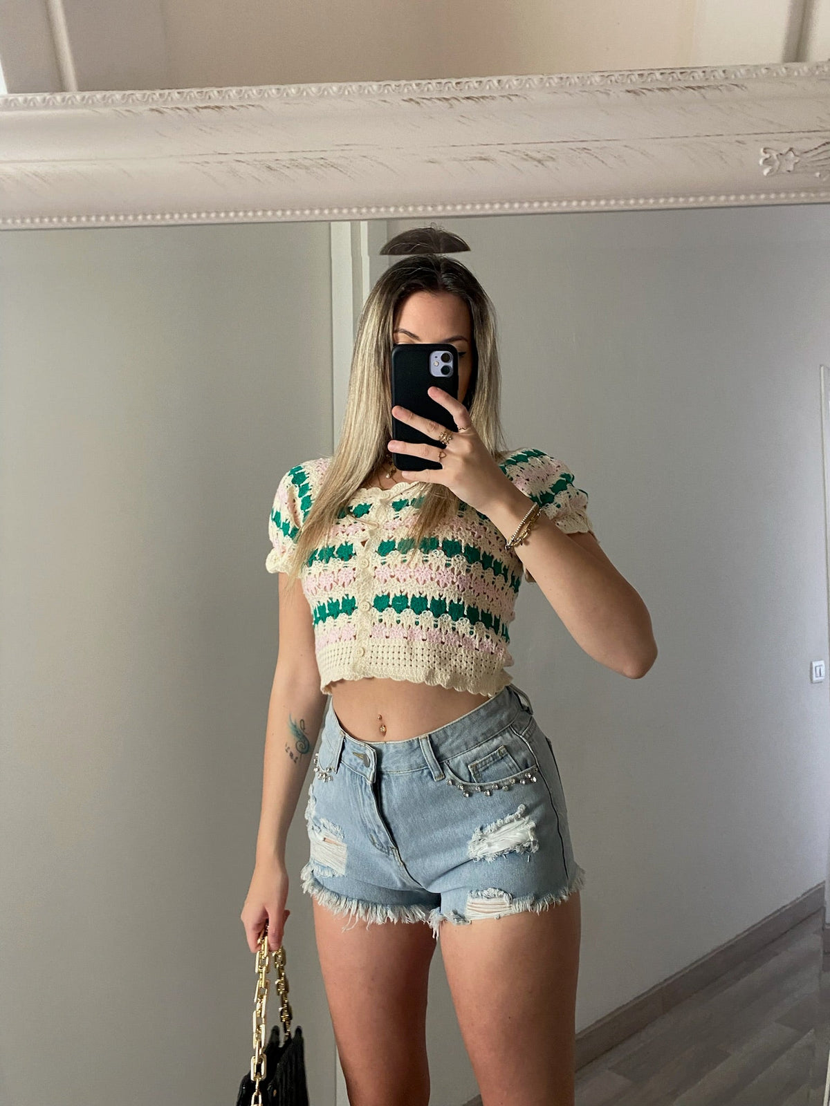 Top macramè rosa verde