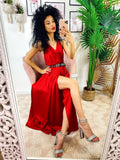 Abito midi raso con maxi spacco rosso