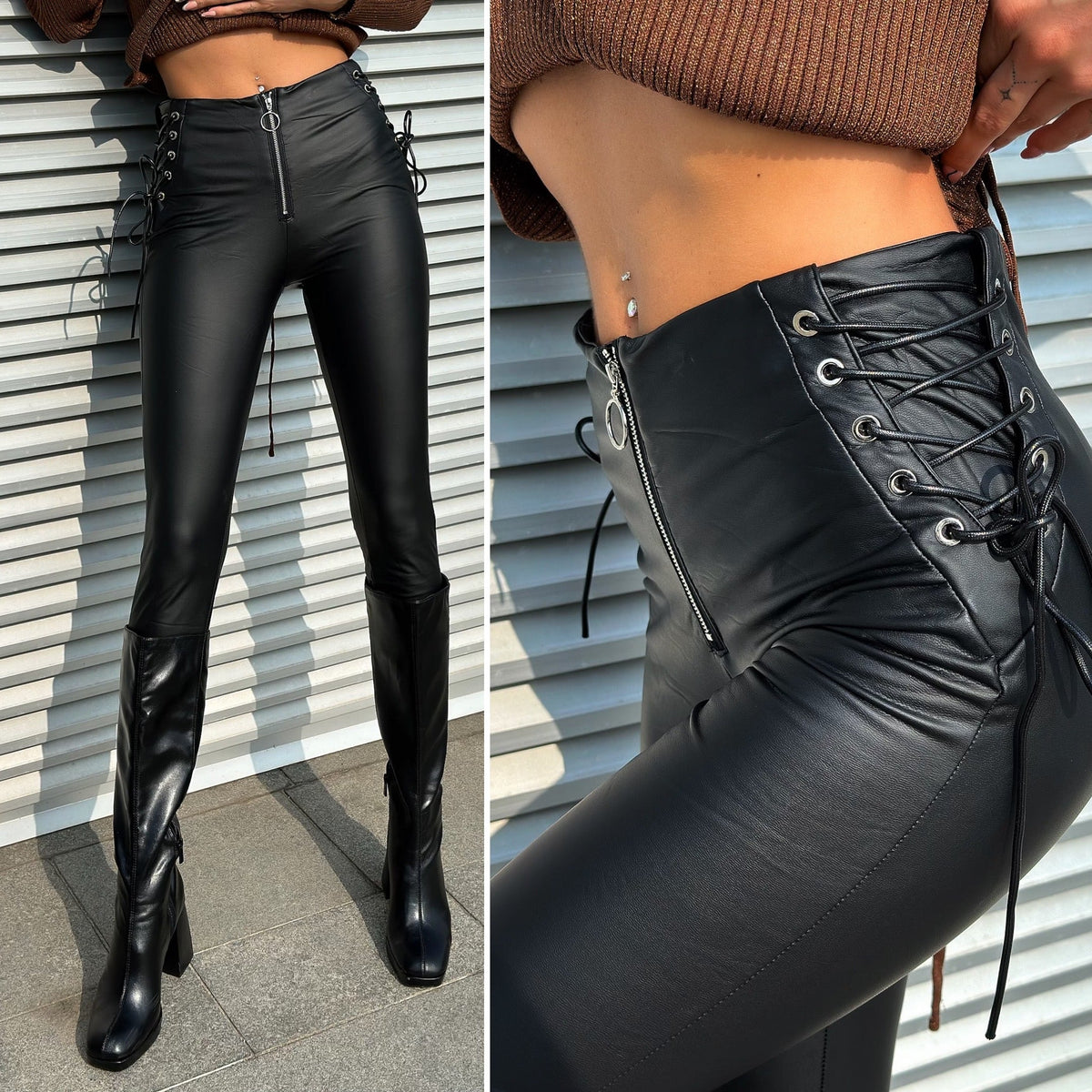 Pantalone in ecopelle con lacci laterali