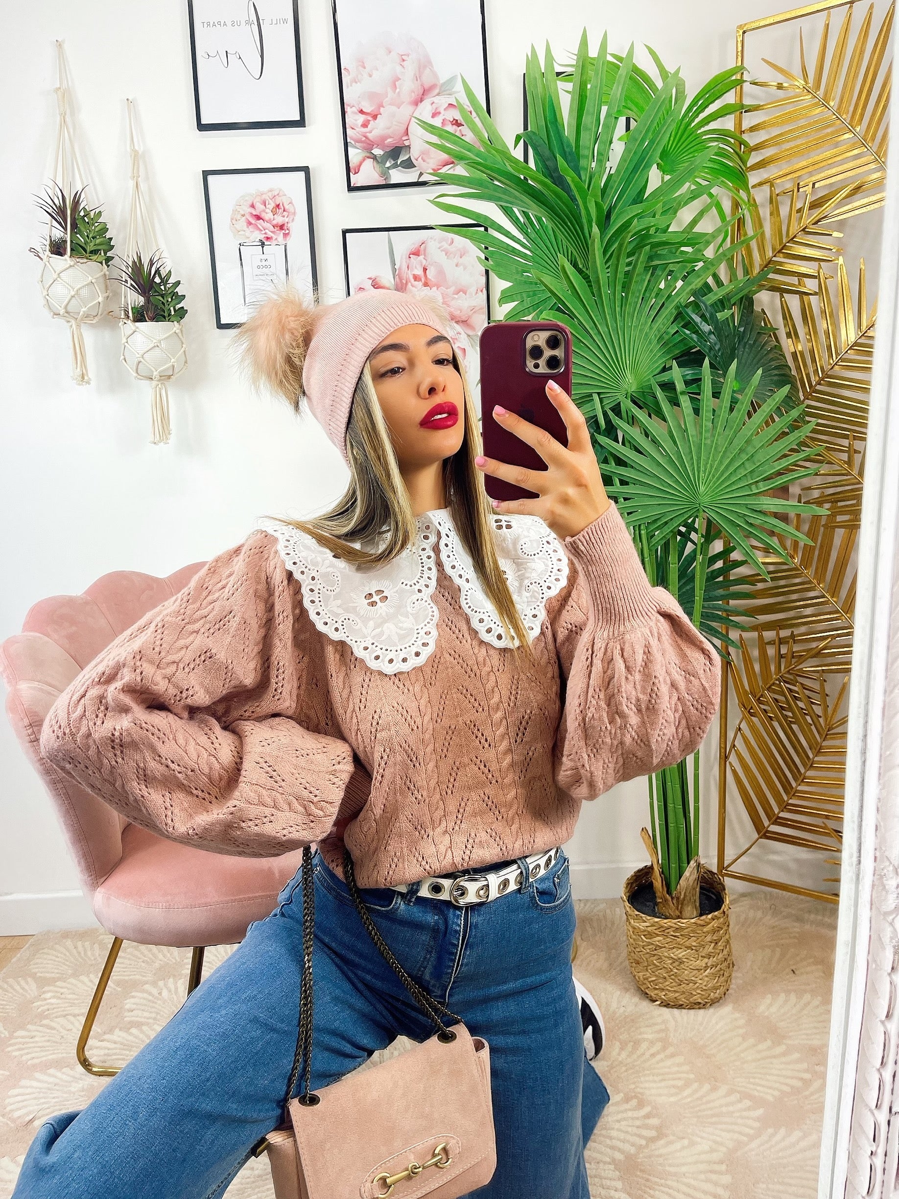Maglione rosa collo a Camicetta rosa
