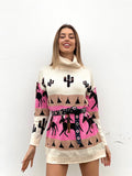 Maxi maglione collo alto con cavalli base Fuxia