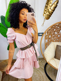 Abito a balze in cotone con manica rosa