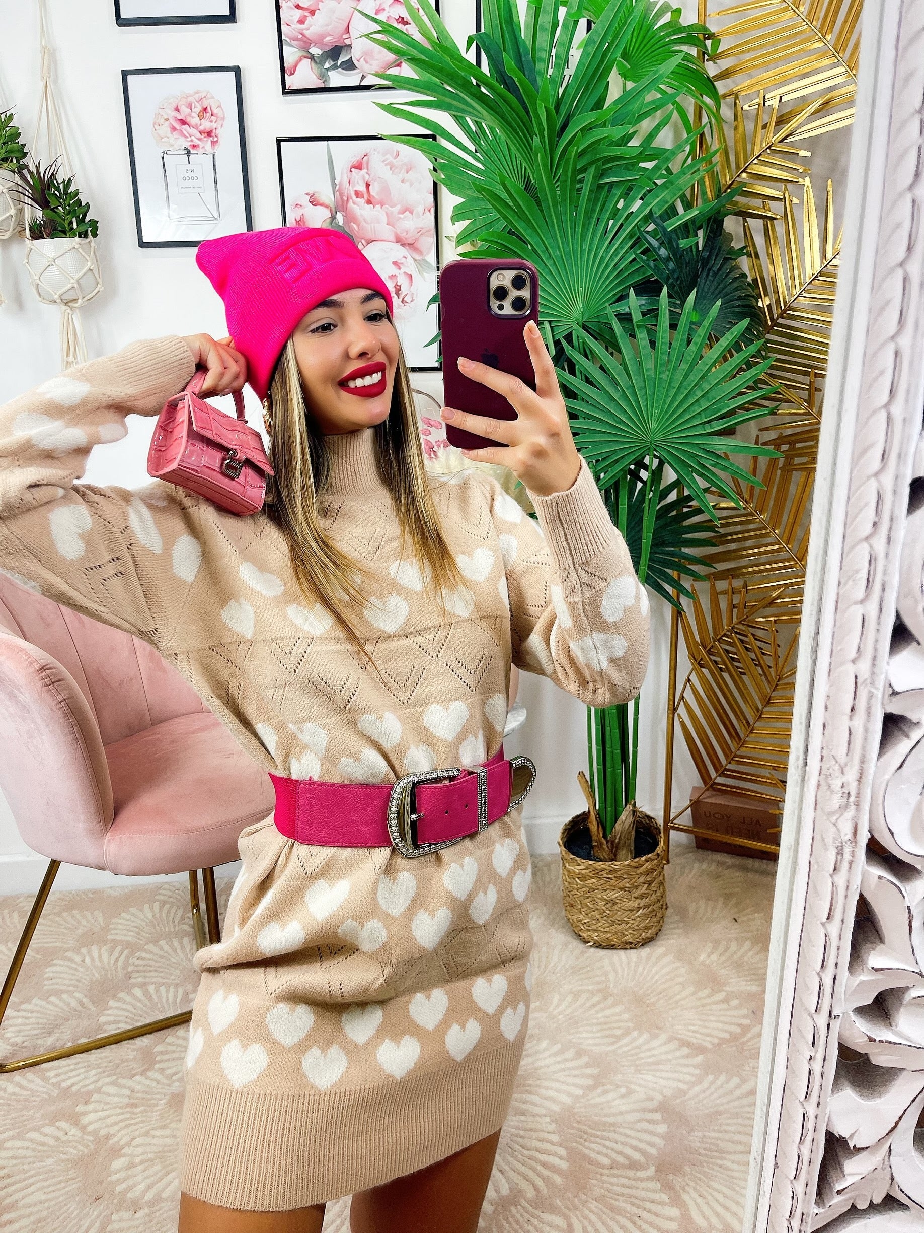 Maxi maglione camel a cuori