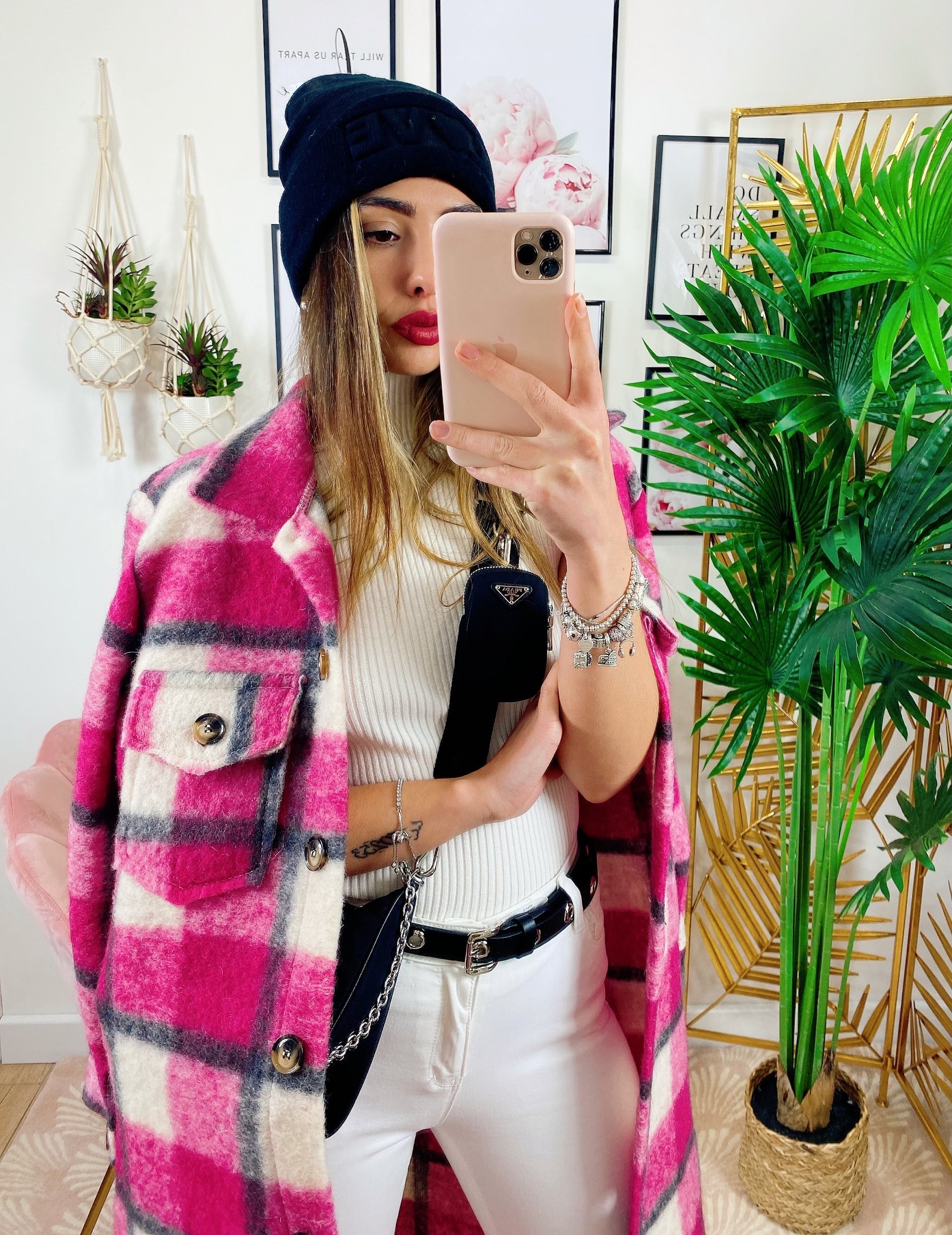 Giacca a quadri lunga Fucsia