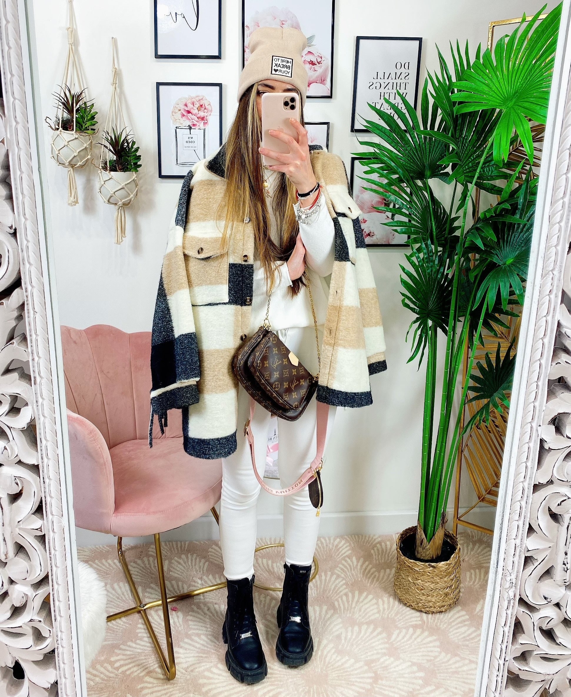 Giacca a quadri Beige con frange