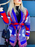 Cardigan frange e cinta rosso blu