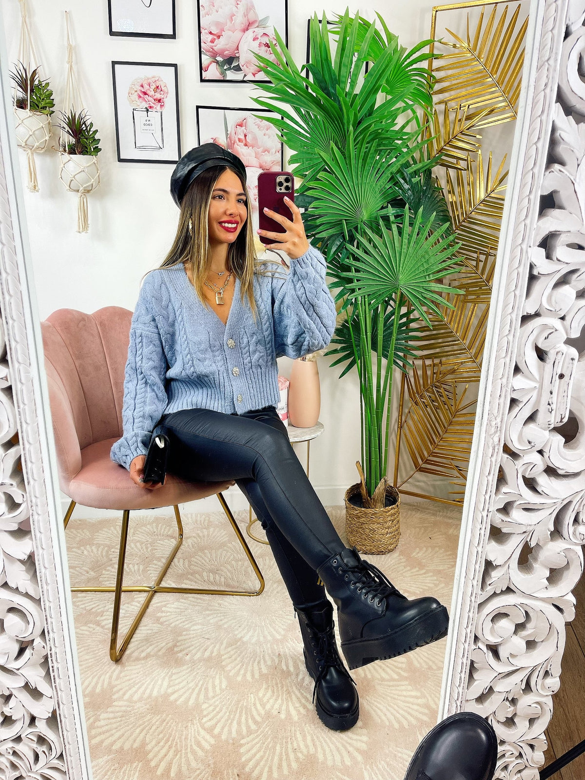 Maglione top quality blu con gioiello in strass