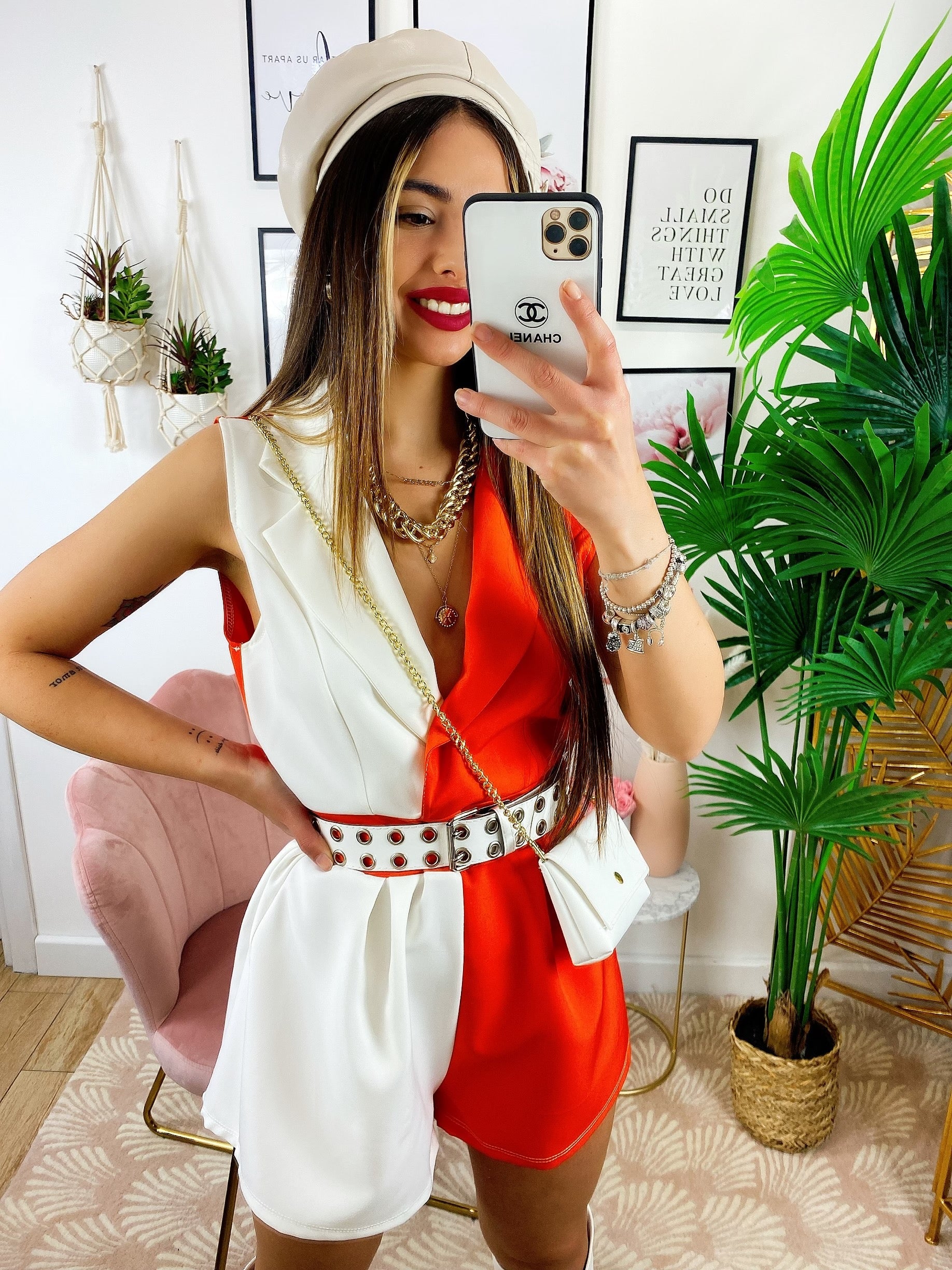 Tutina a Blazer bicolor con borsetta bianco Arancio