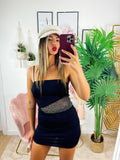 Abito a bretellina con trasparenze e strass