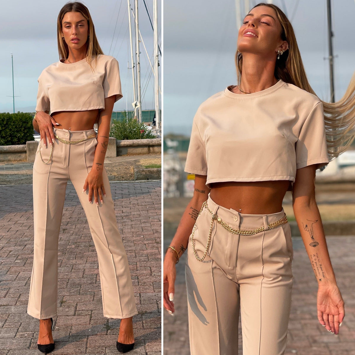 Completo maglia crop e pantalone beige