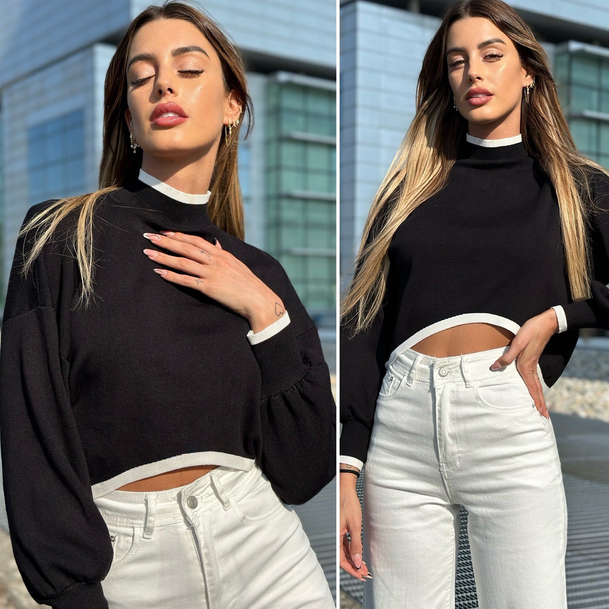 Pull nero rigo bianco