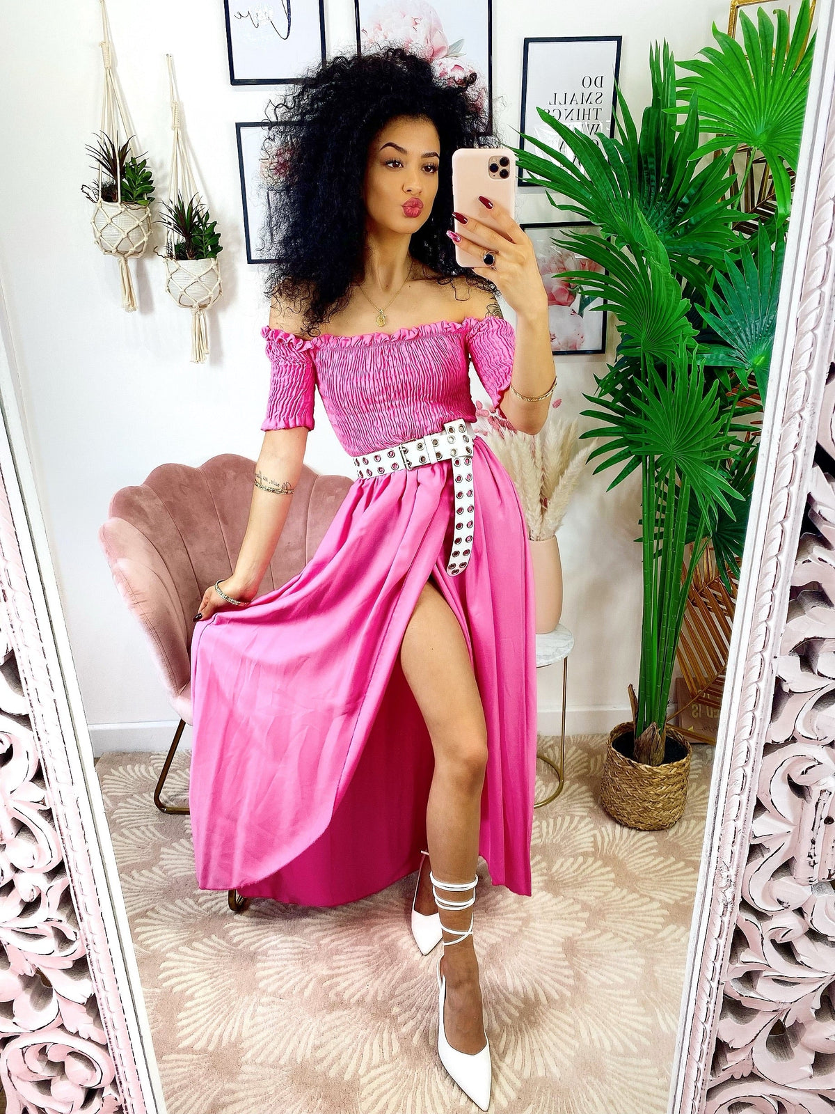 Abito lungo con scollo a barchetta rosa barbie