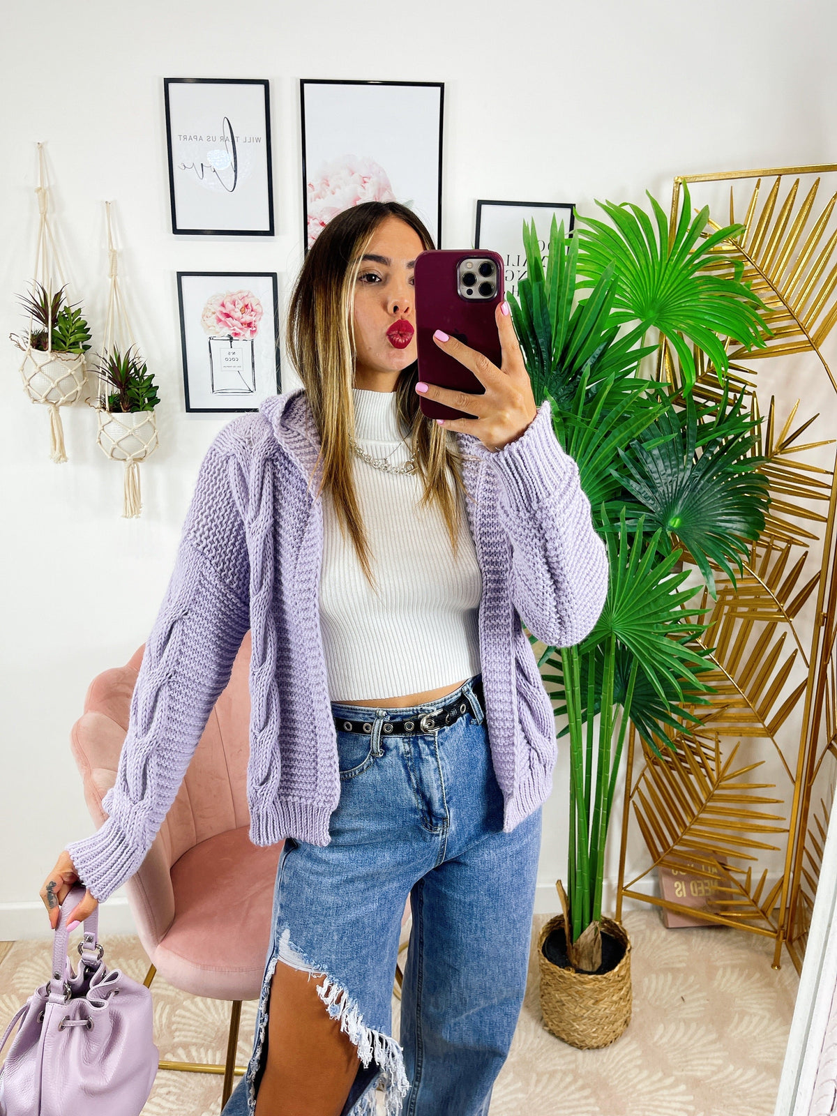 Cardigan lilla con trecce