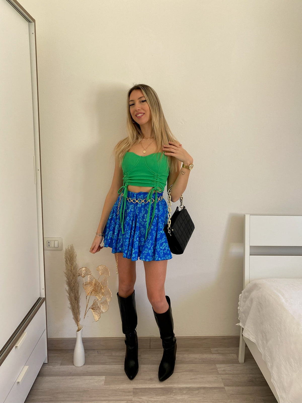 Gonna a ruota azzurra a fiorellini tiffany