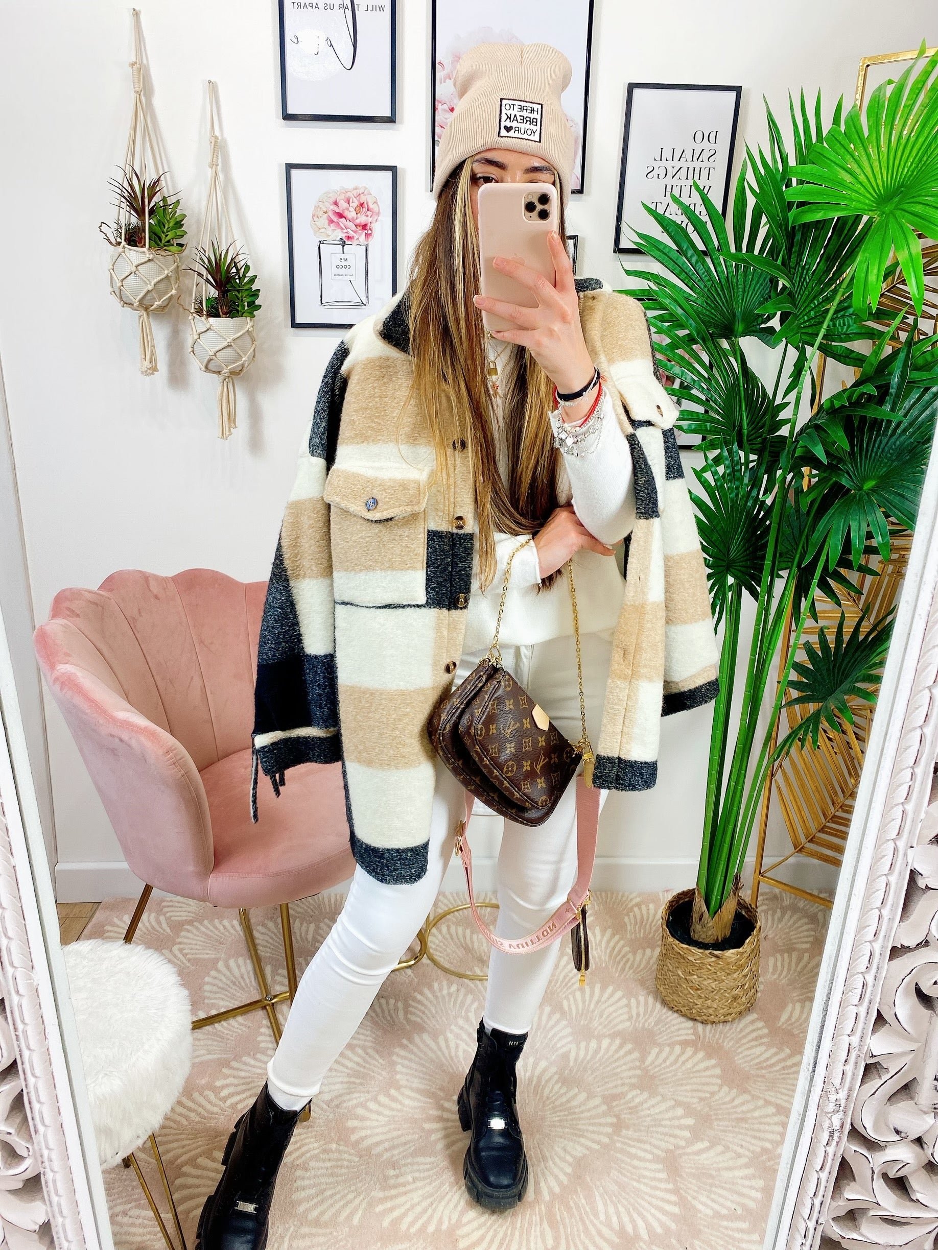 Giacca a quadri Beige con frange
