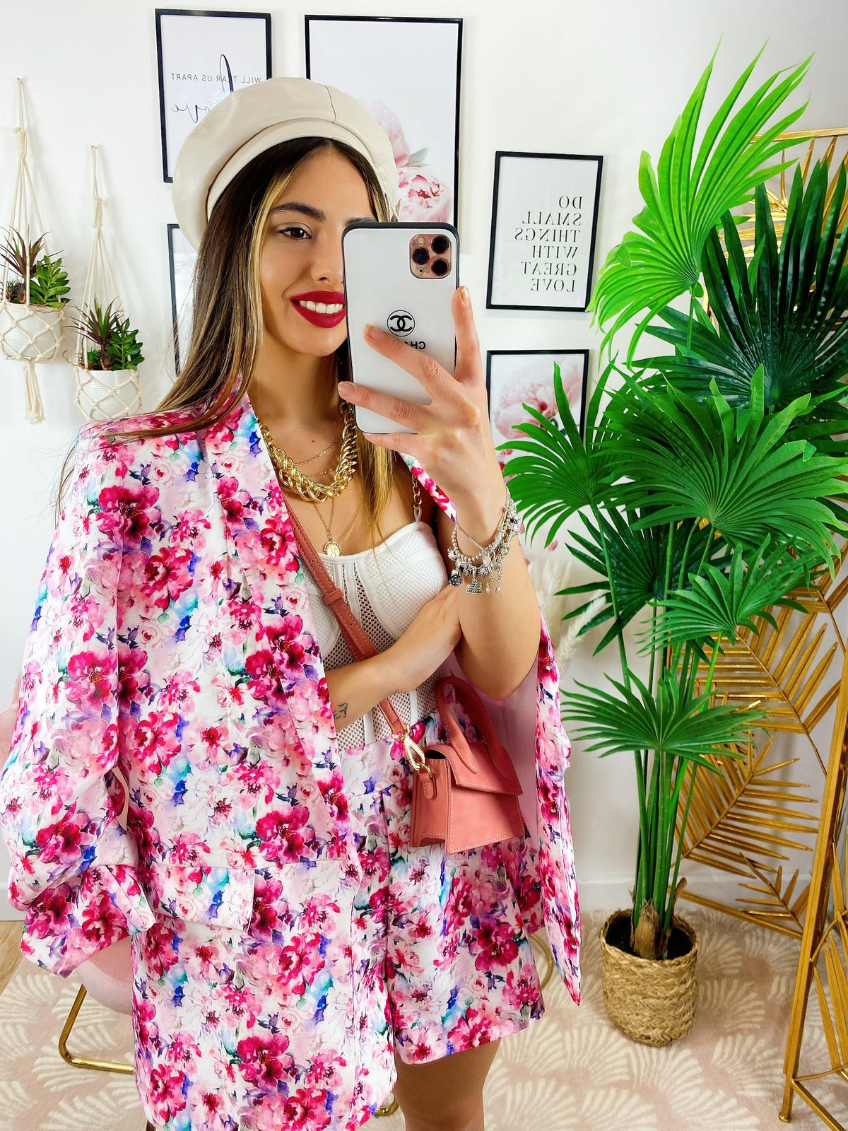 Completo Giacca e Short fiori fucsia