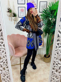 Cardigan Zebrato con frange e cinta in Blu