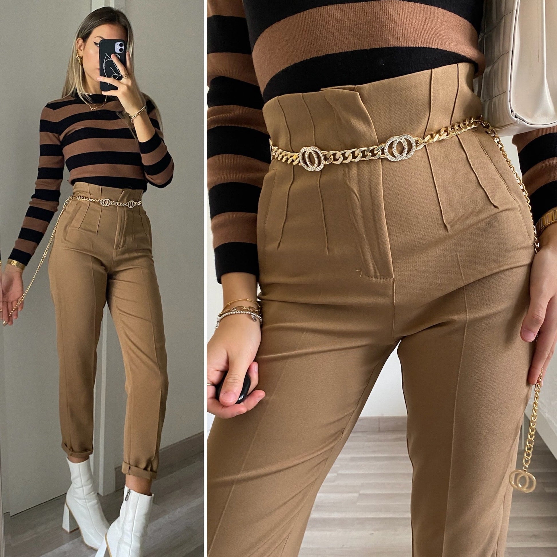 Pantalone vita alta Camel